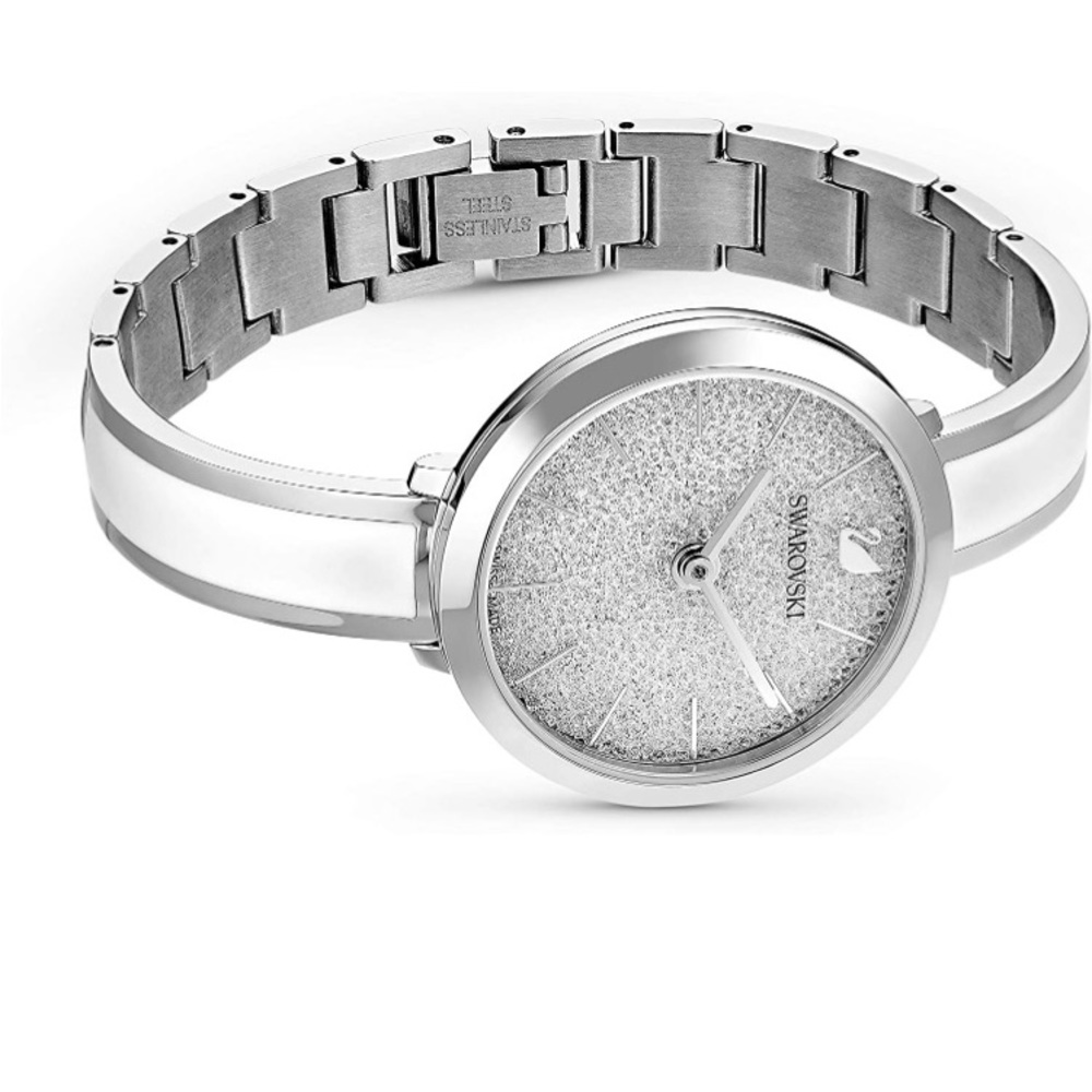 Women’s Swarovski watch. Silver, White band. Clasp adjustable band. Crystalline